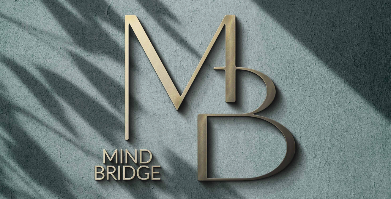 Elegant gold 3D logo design for Mind Bridge on concrete wall background, created for corporate branding and visual identity marketing.